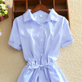 2018 Elegant Office Summer Dress Shirt Elegant Blue Stripped Cotton Turn Down Collar Wear to Work Shirts Women Dresses #BD728