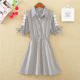 2018 Elegant Office Summer Dress Shirt Elegant Blue Stripped Cotton Turn Down Collar Wear to Work Shirts Women Dresses #BD728