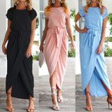 Asymmetric Hem  Plain  Short Sleeve Maxi Dresses