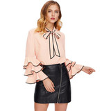 SHEIN Bow Neck Wave Lace Trim Layered Flare Sleeve Blouse Autumn Women's Top Pink Band Collar Long Sleeve Cute Blouse