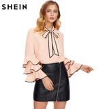 SHEIN Bow Neck Wave Lace Trim Layered Flare Sleeve Blouse Autumn Women's Top Pink Band Collar Long Sleeve Cute Blouse