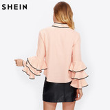 SHEIN Bow Neck Wave Lace Trim Layered Flare Sleeve Blouse Autumn Women's Top Pink Band Collar Long Sleeve Cute Blouse