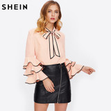 SHEIN Bow Neck Wave Lace Trim Layered Flare Sleeve Blouse Autumn Women's Top Pink Band Collar Long Sleeve Cute Blouse