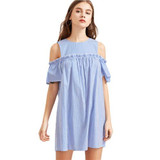 SheIn Blue Striped Cold Shoulder Ruffle Trim Dress Womens Dresses New Arrival 2017 Summer Short Sleeve Cute Dress