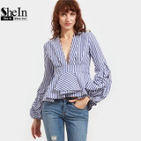 SheIn Blouse Office Lady Woman Blue Striped Deep V Neck Lantern Sleeve Box Pleated Peplum Top Womens Elegant Long Sleeve Blouse