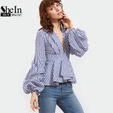 SheIn Blouse Office Lady Woman Blue Striped Deep V Neck Lantern Sleeve Box Pleated Peplum Top Womens Elegant Long Sleeve Blouse
