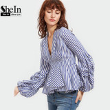 SheIn Blouse Office Lady Woman Blue Striped Deep V Neck Lantern Sleeve Box Pleated Peplum Top Womens Elegant Long Sleeve Blouse