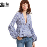 SheIn Blouse Office Lady Woman Blue Striped Deep V Neck Lantern Sleeve Box Pleated Peplum Top Womens Elegant Long Sleeve Blouse