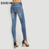 SHEIN Bleach Wash Ripped Skinny Jeans Summer Blue Boyfriend Jeans for Women Low Waist Zipper Fly Casual Female Jeans