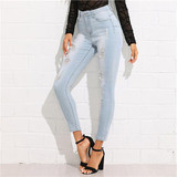 SHEIN Bleach Wash Ripped Jeans 2018 Summer Blue Mid Waist Crop Pocket Jeans Women Ripped Denim Casual Pants