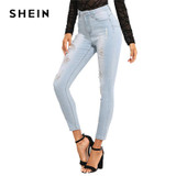 SHEIN Bleach Wash Ripped Jeans 2018 Summer Blue Mid Waist Crop Pocket Jeans Women Ripped Denim Casual Pants