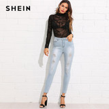 SHEIN Bleach Wash Ripped Jeans 2018 Summer Blue Mid Waist Crop Pocket Jeans Women Ripped Denim Casual Pants