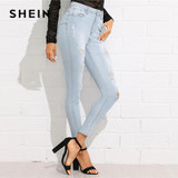 SHEIN Bleach Wash Ripped Jeans 2018 Summer Blue Mid Waist Crop Pocket Jeans Women Ripped Denim Casual Pants