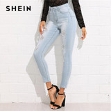 SHEIN Bleach Wash Ripped Jeans 2018 Summer Blue Mid Waist Crop Pocket Jeans Women Ripped Denim Casual Pants