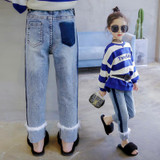 Girls pants 2017 autumn new girls panties cotton plush stitching Straight trousers Casual jeans for free shipping