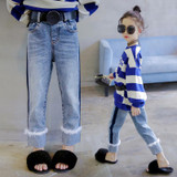 Girls pants 2017 autumn new girls panties cotton plush stitching Straight trousers Casual jeans for free shipping