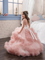 Girls Pageant Dresses Tulle Ruffle Clouds Ball Gown Girls Prom Dresses Round Neck Low Back Crystal Beadings Waistband Kids Gowns