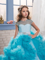 Girls Pageant Dresses Tulle Ruffle Clouds Ball Gown Girls Prom Dresses Round Neck Low Back Crystal Beadings Waistband Kids Gowns