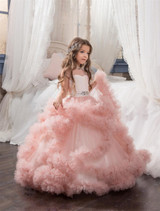 Girls Pageant Dresses Tulle Ruffle Clouds Ball Gown Girls Prom Dresses Round Neck Low Back Crystal Beadings Waistband Kids Gowns