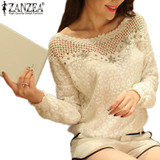 Lace Blouse ZANZEA Plus Size 6XL Women 2018 Spring Autumn Long Sleeve Shirts White Patchwork Floral Blouse Hollow Out Casual Top