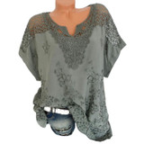 Laamei Women Lace Patchwork Blouse Shirt Casual Tops Sexy Short Sleeve White Blouse Ladies Summer Hollow Out Elegant Blouses