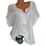 Laamei Women Lace Patchwork Blouse Shirt Casual Tops Sexy Short Sleeve White Blouse Ladies Summer Hollow Out Elegant Blouses