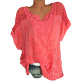 Laamei Women Lace Patchwork Blouse Shirt Casual Tops Sexy Short Sleeve White Blouse Ladies Summer Hollow Out Elegant Blouses