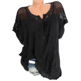 Laamei Women Lace Patchwork Blouse Shirt Casual Tops Sexy Short Sleeve White Blouse Ladies Summer Hollow Out Elegant Blouses