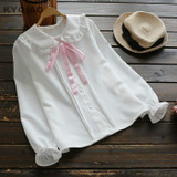 KYQIAO Mori girls autumn KAWAI long sleeve peter pan collar pink bowknot white blouse Lolita shirt Japanese school uniform