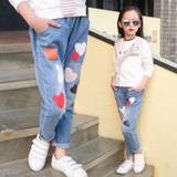 Children's Denim Clothing Girls Jeans Spring Autumn Long Trousers Heart Print Cute Pants Outfit For Teenager Girls Child Clothes