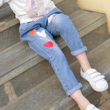Children's Denim Clothing Girls Jeans Spring Autumn Long Trousers Heart Print Cute Pants Outfit For Teenager Girls Child Clothes