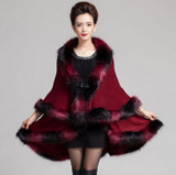 2016 Autumn Winter Warm Fake Fox Fur Long Knitted Poncho Cape Cloak Oversize Wool Cashmere Sweater Women Cardigan Coat MY38