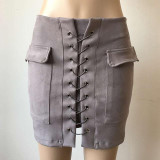 2016 Autumn Suede Leather Women Skirt Lace Up  Vintage High Waist Preppy Pocket Winter Bodycon Bandage  Short Pencil Skirts