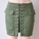 2016 Autumn Suede Leather Women Skirt Lace Up  Vintage High Waist Preppy Pocket Winter Bodycon Bandage  Short Pencil Skirts