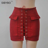 2016 Autumn Suede Leather Women Skirt Lace Up  Vintage High Waist Preppy Pocket Winter Bodycon Bandage  Short Pencil Skirts