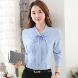 2016 Autumn OL elegant bow slim shirt women's long sleeve Formal chiffon blouse office ladies plus size fashion tops work wear