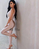2016 Autumn hottest! nude black Hollow Out capris knitted skinny party deep V neck plunge bodycon elegant rompers women jumpsuit