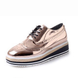 2017 British Women Brogues Shoes Lace Up Flat Platform Walking Shoes Women Oxfords Vintage Fashion Lady Flats Shoes Silver Gold