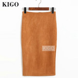 KIGO Autumn Women Suede Pencil Skirt High Waist Bodycon Midi Skirt Back Split Vintage Wine Red Elegant Women Skirt KK2966H