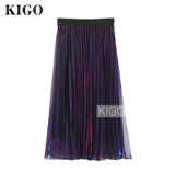 KIGO 2016 Women Metallic Silver Skirt Midi Skirt High Waist Metallic Pleated Skirt Party Club Ladies Saia Fenimias KZ2087H