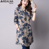 AREALNA Autumn New Fashion Floral Print Cotton Linen Blouses Casual Long Sleeve Shirt Women Plus Size Women Top With Pockets XXL