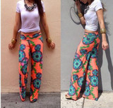 AQ125  Women Pants Loose Pantalones Femme Flora Mid Waist Flare Wide Leg Long Pants Women Casual Striped Trousers