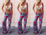AQ125 Summer Women Pants Casual Mid Waist Flare Wide Leg Long Pants Printed Casual Striped Trousers Palazzo Trousers