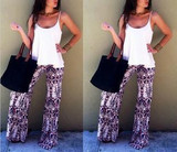 AQ125 Summer Women Pants Casual Mid Waist Flare Wide Leg Long Pants Printed Casual Striped Trousers Palazzo Trousers