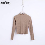 Aproms Women Sweet Knitted Long Sleeve T-Shirt 2018 Knit Tee Casual White Stretch T Shirt Female Fashion Autumn Basic Top