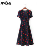 Aproms Sweet Red Floral Print A-Line Dress Summer V-Neck Wrap Bow Tie Split Dress 90s Streetwear Casual Dresses Vestido Sundress