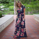 Aproms Sweet Floral Print Long Maxi Dress Women Fashion 2018 Short Sleeve Festival Party Dresses Female Tunic Dress Plus Size
