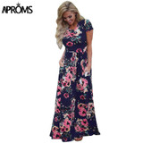 Aproms Sweet Floral Print Long Maxi Dress Women Fashion 2018 Short Sleeve Festival Party Dresses Female Tunic Dress Plus Size