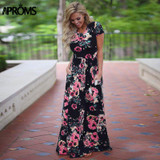 Aproms Sweet Floral Print Long Maxi Dress Women Fashion 2018 Short Sleeve Festival Party Dresses Female Tunic Dress Plus Size