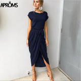 Aproms Soild Colored Long Shirt Dress Women 2018 Short Sleeve Bow Tie Maxi Dress Casual Streetwear Sundress Vestidos De Festa